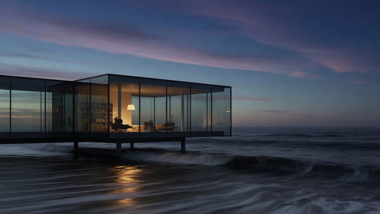 Glass house over the ocean at dusk